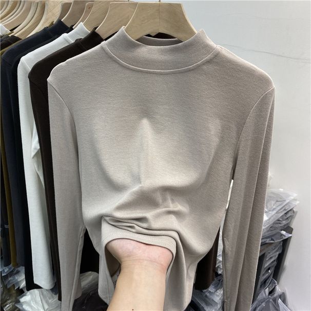 2025 Woolen Flannel Stand Up Collar Base Shirt, Women's Long Sleeved Cotton T-Shirt, 2025 Autumn And Winter New Semi High_ecoleips.com