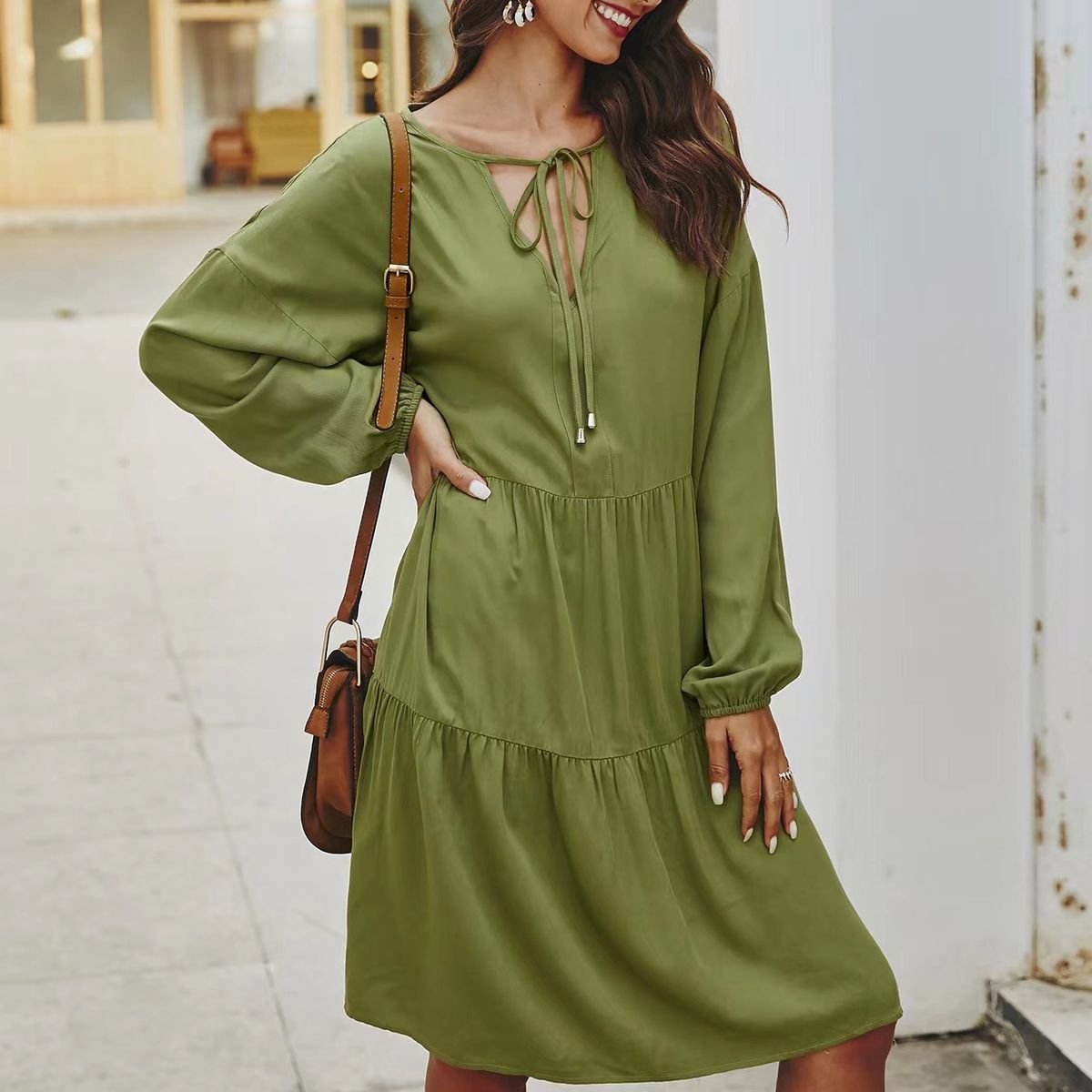 Women's V Neck High Waist Loose Fit Solid Color Paneled Midi Dress – Tie Belt Casual Boho Gown 2026_ecoleips.com