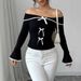 Contrast Color Off Shoulder Bow Tie Women's T Shirt_ecoleips.com