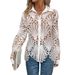 Women's Clothing Retro Polo Collar Hollow Solid Color Lace t Shirt Winter Commuter Button Cardigan Long Sleeved Top_ecoleips.com