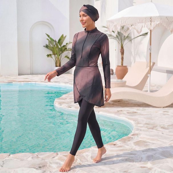 3PCS/set Muslim Burkini Modest Swimwear Gradient Red Black Full Cover Long Sleeve Hijab Swimsuit Islamic Beachwear_ecoleips.com