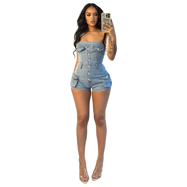 Women's Stretchy Denim Jumpsuit Sleeveless High Elasticity Overalls With Utility Pockets Light Blue Charcoal_ecoleips.com
