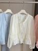 Women's Thin Ruffled V Neck Tie Waist Shirt French Style Spring Summer Top Loose Fit Lantern Sleeve Inner Layer_ecoleips.com