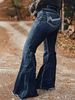 Women's Clothing Plus Size Clothes Retro Embroidered Jeans Mid Rise Stretch Flared Pants Washed Frayed Edges For Women_ecoleips.com