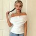 American Simple Rivet Decoration Asymmetrical Neckline Off-the-shoulder T-shirt Women's Short-sleeved Slim-fitting Casual Waist Pleated Top_ecoleips.com