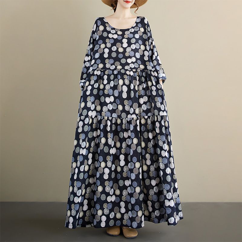 Autumn New Bohemian Casual Round Neck Long Sleeve Pleated Mom Outfit Polka Dot Dress For Women_ecoleips.com