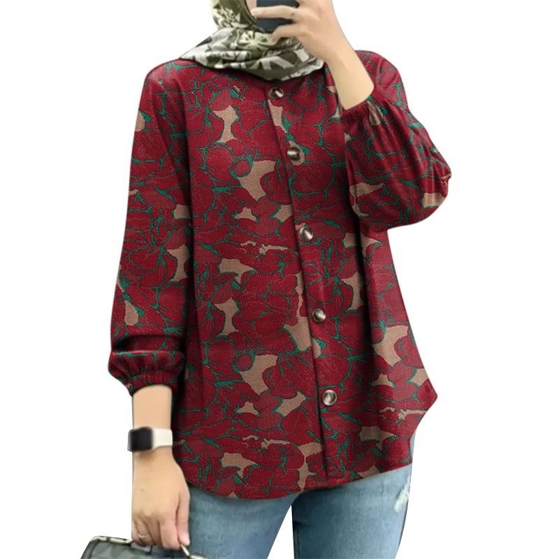 Women's Clothing Muslim Floral Shirt Fashion Puff Sleeve_ecoleips.com