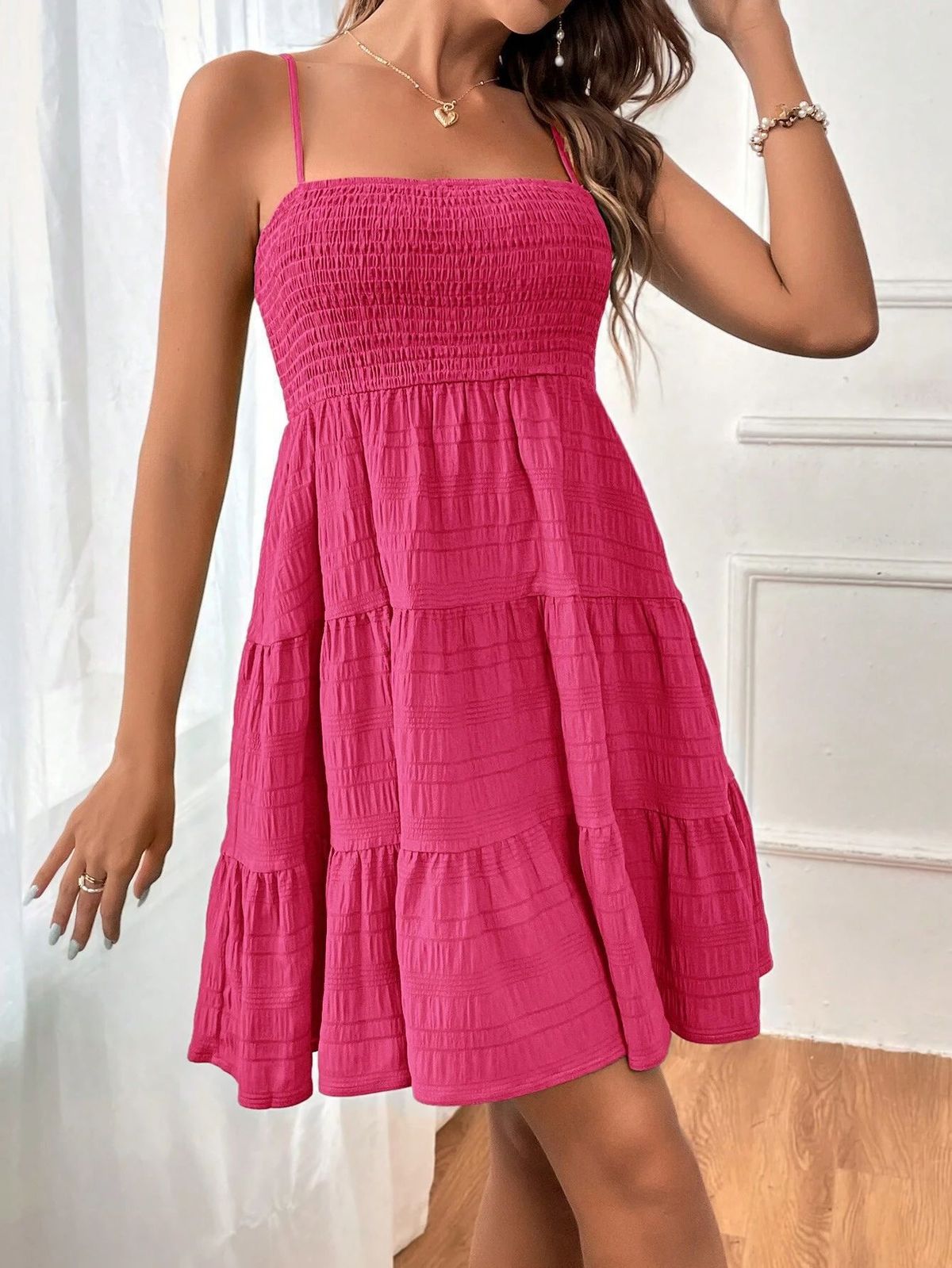 Women's Summer Spaghetti Strap Mini Dress Solid Color Sleeveless One-Shoulder Casual Outfit for Daily Wear Textured_ecoleips.com