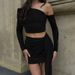 2025 Autumn New French Style Women's Clothing Asymmetrical Shoulder Long Sleeve Top Slim Fit Ruched Ribbon Bodycon Short_ecoleips.com