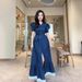 Women's Clothing Summer Retro Single Breasted Loose Casual Ruffled Short Sleeved Denim Dress_ecoleips.com