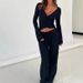 Winter Women's Two Piece Set Sweet Comfortable Solid Color Deep V Neck Lace Up Top With Drawstring Straight Leg Pants Asymmetrical Design_ecoleips.com