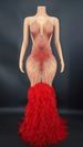 Women’s Clothing singer host model rhinestone sling backless feather stitching mopping party dress dress_ecoleips.com