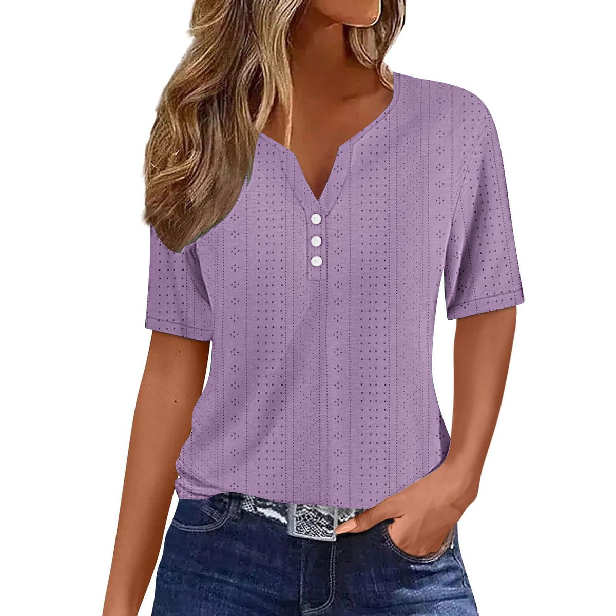 Women's Clothing Summer Tops Holiday Style Fashion Casual Loose Comfortable V Neck Jacquard Hollow Short Sleeved T Shirt_ecoleips.com