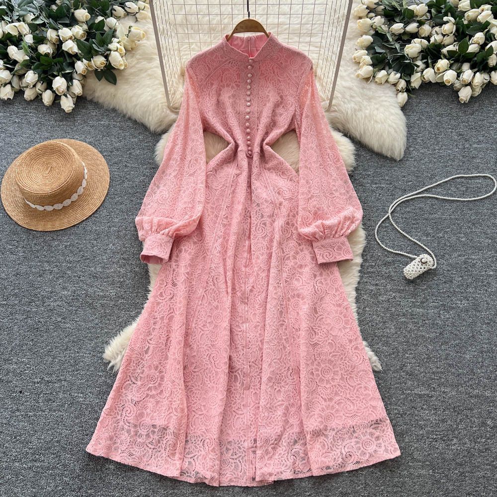 French Court-Style Lace Dress For Women – Elegant High-Waist A-Line Long Dress With Single-Button Closure (7 Colors, S-XXL)_ecoleips.com
