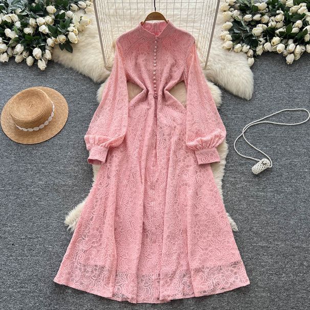 French Court-Style Lace Dress For Women – Elegant High-Waist A-Line Long Dress With Single-Button Closure (7 Colors, S-XXL)_ecoleips.com