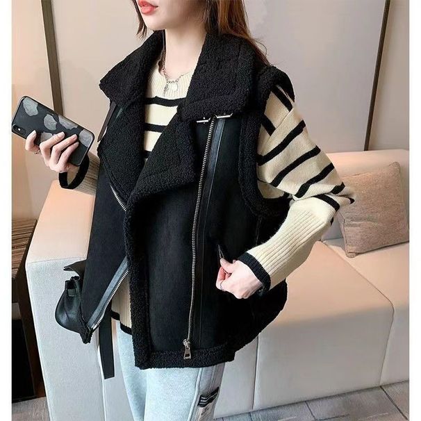Women’s Lambswool & Faux Suede Vest – Oversized Korean Style, Winter Warmth, Luxe Fur Trim (Beige/Khaki/Brown/Black, M-2XL)_ecoleips.com