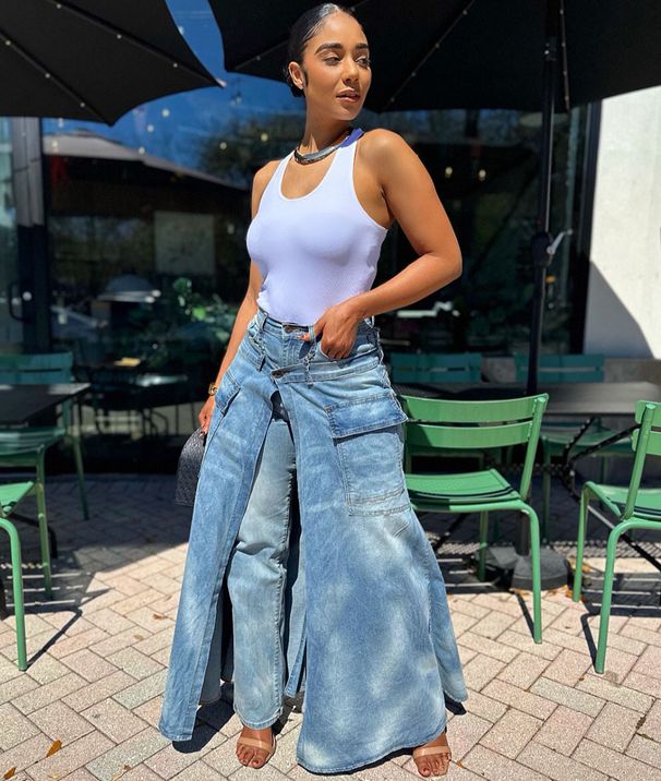 Women's Faux Two Piece Denim Skirt European American Style Streetwear Symmetrical Slit Jeans_ecoleips.com