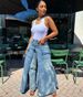 Women's Faux Two Piece Denim Skirt European American Style Streetwear Symmetrical Slit Jeans_ecoleips.com