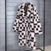 Faux Fox Fur Checkered Long Trench Coat With Polo Collar - Oversized Winter Coat For Women, Streetwear Fashion Outerwear_ecoleips.com