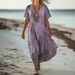Creative Floral Women's Summer V-Neck Short Sleeve Dress, Mid-Length Dress_ecoleips.com