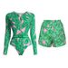 Women's Clothing Swimsuit New Long Sleeved Zipper Green Printed Surf Suit_ecoleips.com