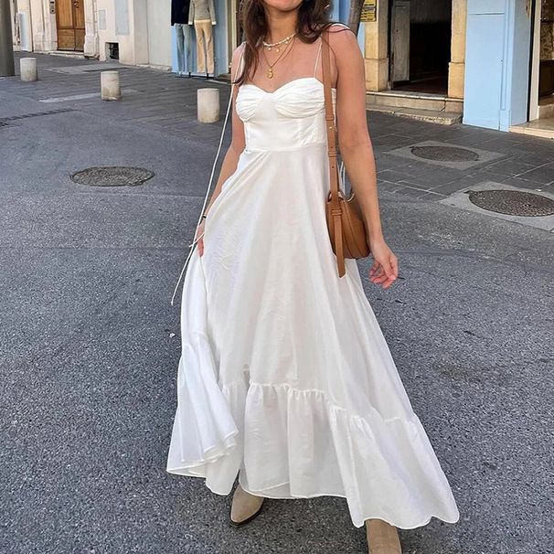 Women's Clothing Spring New Women's Temperament Elegant Solid Color High Waist Suspender Sexy Swing Dress_ecoleips.com