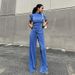 Women's Clothing slim T-shirt high waist blue pleated mopping pants casual _ecoleips.com