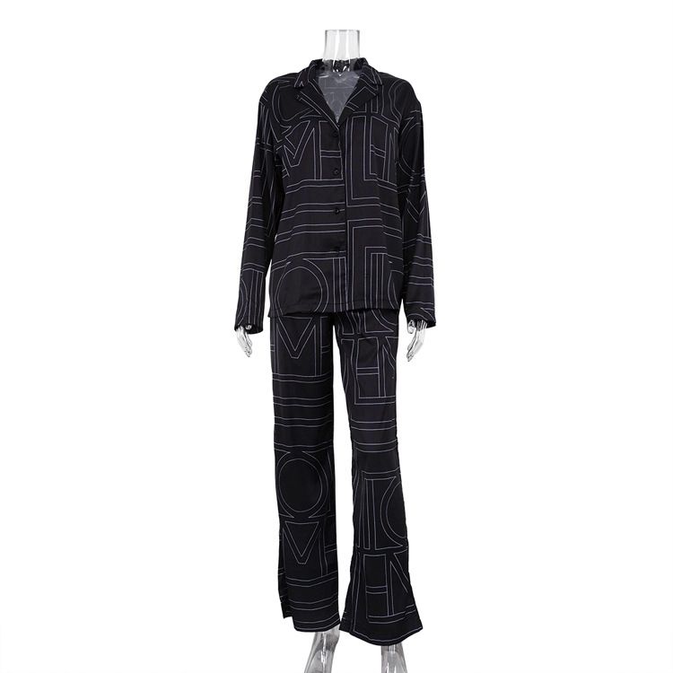 Women's Casual Suit Satin Long Sleeved Collared Shirt And Elastic Fit Trousers Autumn Letter Print_ecoleips.com