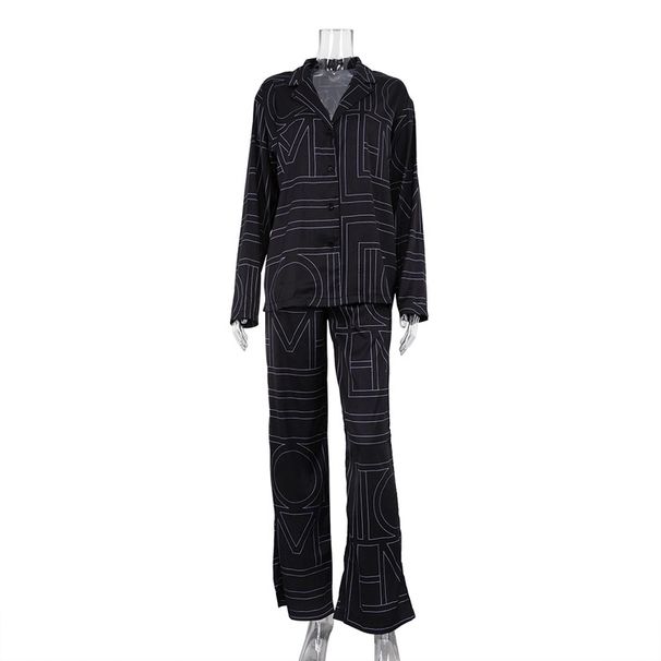 Women's Casual Suit Satin Long Sleeved Collared Shirt And Elastic Fit Trousers Autumn Letter Print_ecoleips.com