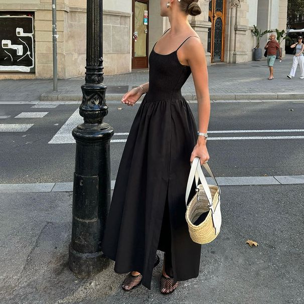 Women's Clothing Summer Sexy Black Suspender Square Neck Off Shoulder Slim Commuting Fashion Casual Temperament Dress Women_ecoleips.com