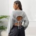 Voya Women's High Waisted, Leaky Belly Button, Drawstring Waist Sweatshirt For Outerwear, Short Style, Large Loose Fit, Long Sleeved T-shirt_ecoleips.com