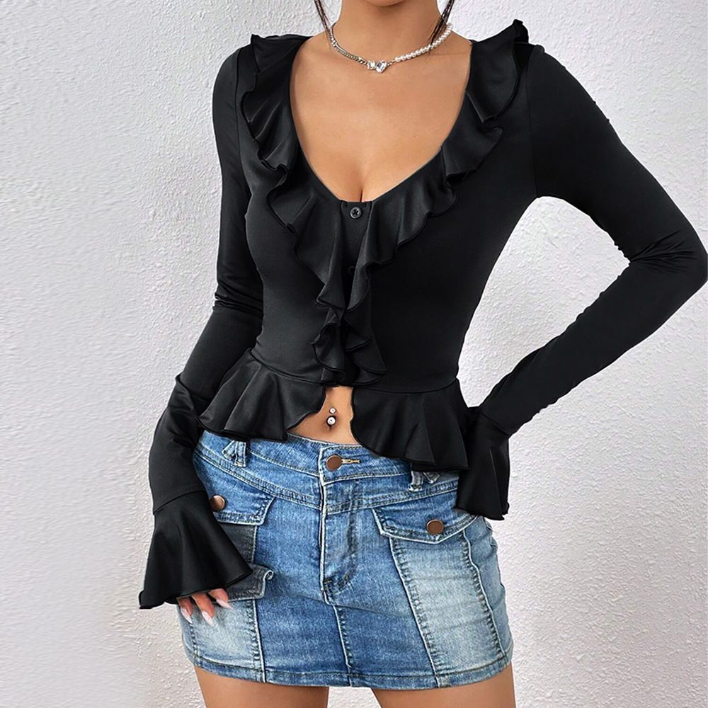 Voya Women's 2026 Spring/Summer New Ins Fashion Slimming Ruffle Short Long Sleeve T-shirt Top_ecoleips.com