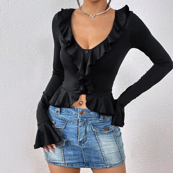 Voya Women's 2026 Spring/Summer New Ins Fashion Slimming Ruffle Short Long Sleeve T-shirt Top_ecoleips.com