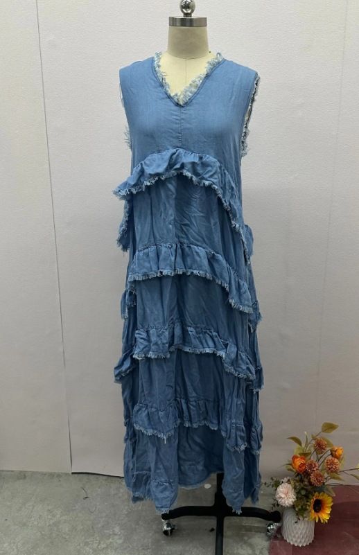 2024 Summer New European And American Cross-Border Women's Solid Color V-Neck Fashion Frayed Edge Patchwork Denim_ecoleips.com