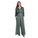 Elegant Notch Lapel Long Sleeve Blouse & High-Waist Trousers Set For Women, Office To Casual Chic, Stretch Comfort Fit, Ocean Green & Coffee Brown_ecoleips.com