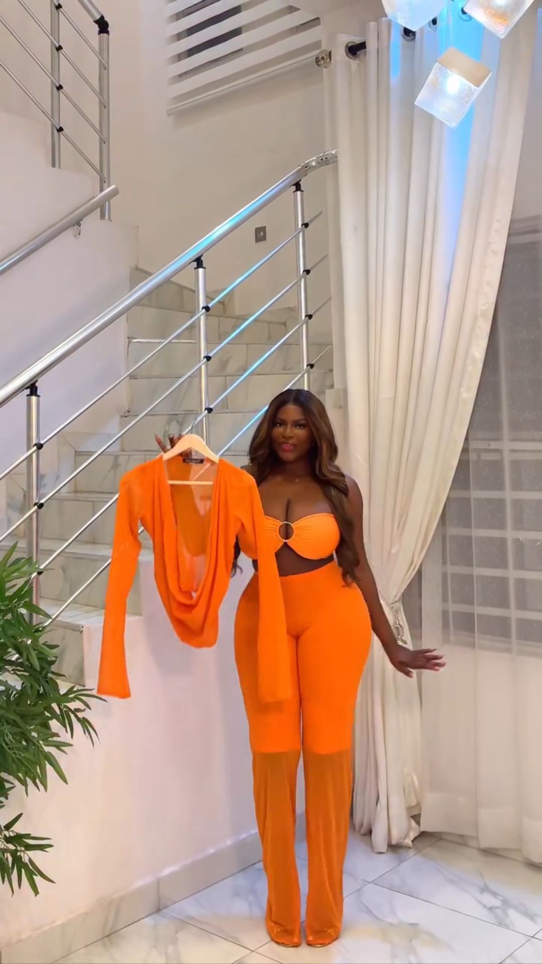 Elegant Deep V-Net Mesh Tunic & Pants Three-Piece Set, Stretchy Spandex Loungewear For Women, Street Style Sexy Outfit For Date Night_ecoleips.com