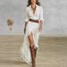 Women's Elegant Long Sleeved Dress European American Style V Neck Waist Cinching Pleated Loose Slit Retro French 2025 New_ecoleips.com