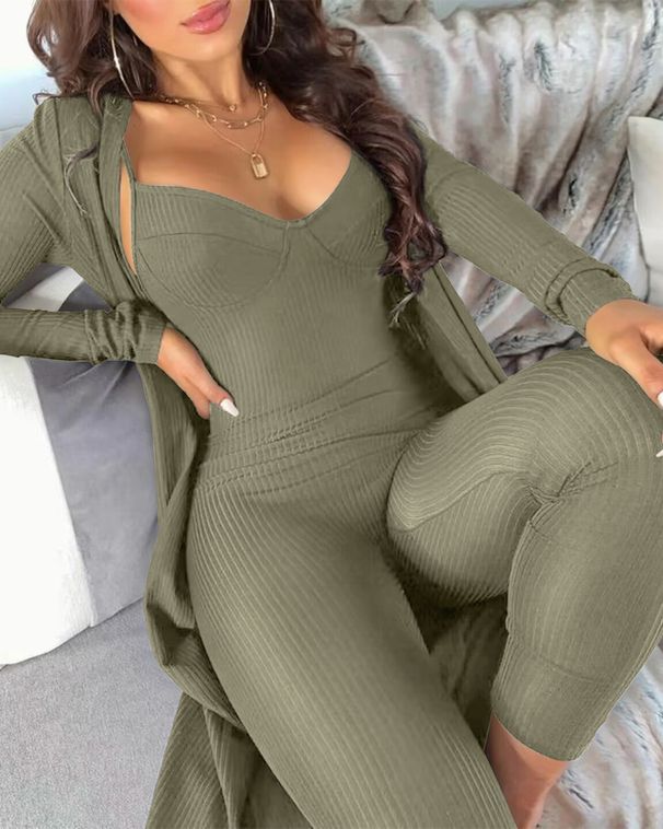 Women's Clothing New Party New Leisure Solid Color Pit Stripe V Neck Suspender Jumpsuit + Cardigan_ecoleips.com