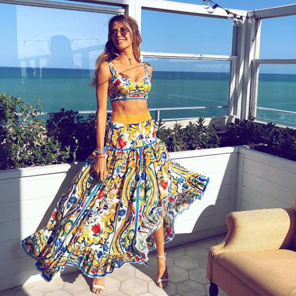 Spring And Summer New European And American Women's Sexy Temperament Sling Printed Dress Set Beach Dress Two-piece_ecoleips.com