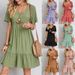 Women's Flowy Short Sleeve V-Neck Tiered Dress With Elastic Waist, Loose Fit Casual Midi Dress For Summer_ecoleips.com