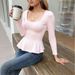 Voya Women's New Style U-neck Long Sleeved T-shirt, Pure Desire To Slim Fit Spicy Girl Ruffle T-shirt Top_ecoleips.com
