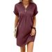 Women's Clothing V Neck Pullover Dress American Style Solid Color Casual Button Detail Comfortable Fit New_ecoleips.com