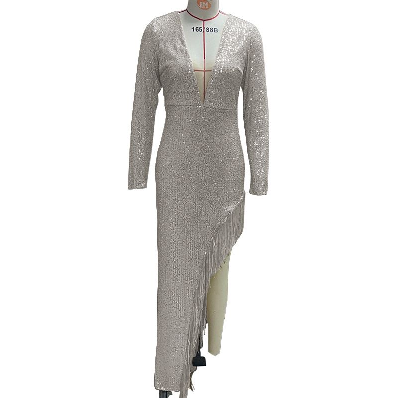 Women's Clothing Tassels And Sequins Waist Hugging Deep V Long Sleeves And Side Slits Sexy Asymmetrical Dress_ecoleips.com
