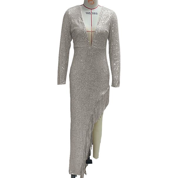 Women's Clothing Tassels And Sequins Waist Hugging Deep V Long Sleeves And Side Slits Sexy Asymmetrical Dress_ecoleips.com