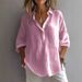 Women's Spring/Summer Casual V Neck Shirt Loose Long Sleeved Linen Top European American Style Solid Color Large Stock Available_ecoleips.com