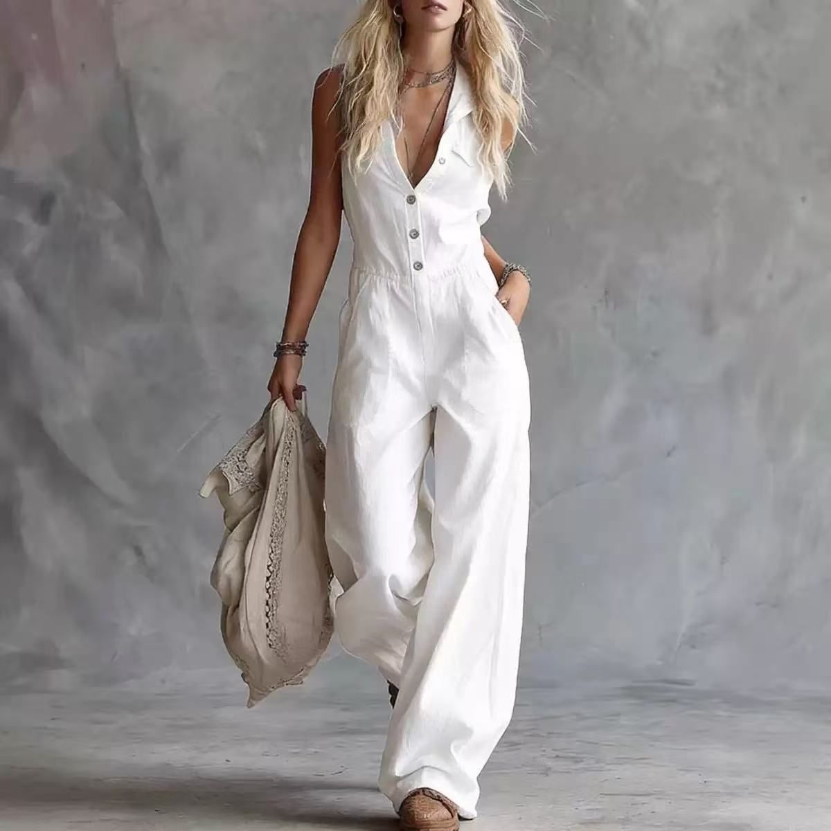 Women's Casual Fashion Linen Jumpsuit V Neck Front Button Sleeveless Western Style New Arrival_ecoleips.com