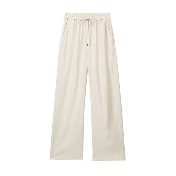 Suitable For All Seasons 2025 Spring Summer New Women's Casual Linen Elastic Waist Solid Color Wide Leg Pants_ecoleips.com