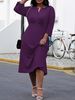 Plus-Size Casual V-Neck Knit Dress - Flowy A-Line Midi Dress With 3/4 Sleeves, Soft Polyester-Spandex Blend For Everyday Elegance_ecoleips.com