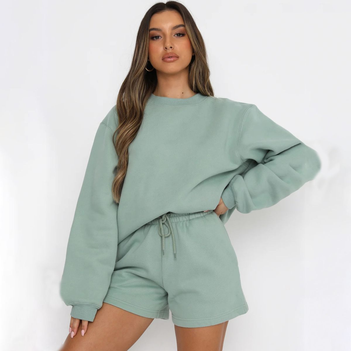 Women's Solid Color Casual Sweater Set Round Neck Long Sleeve Loose Fit Shorts Outfit For Spring Autumn New Style_ecoleips.com