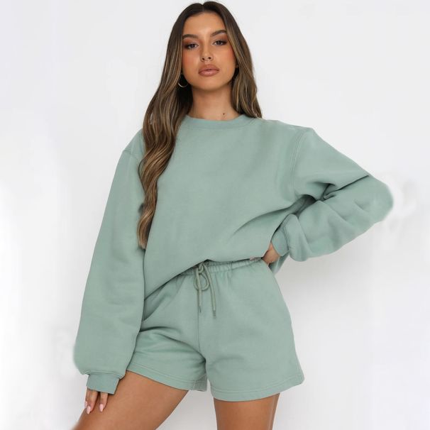 Women's Solid Color Casual Sweater Set Round Neck Long Sleeve Loose Fit Shorts Outfit For Spring Autumn New Style_ecoleips.com